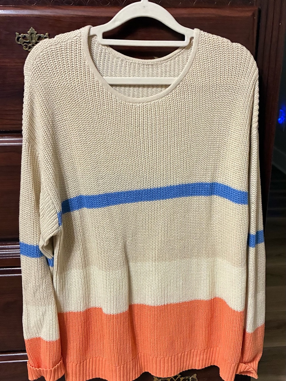 Pink Lily Cream Blue Orange Colorblock Crewneck Sweater